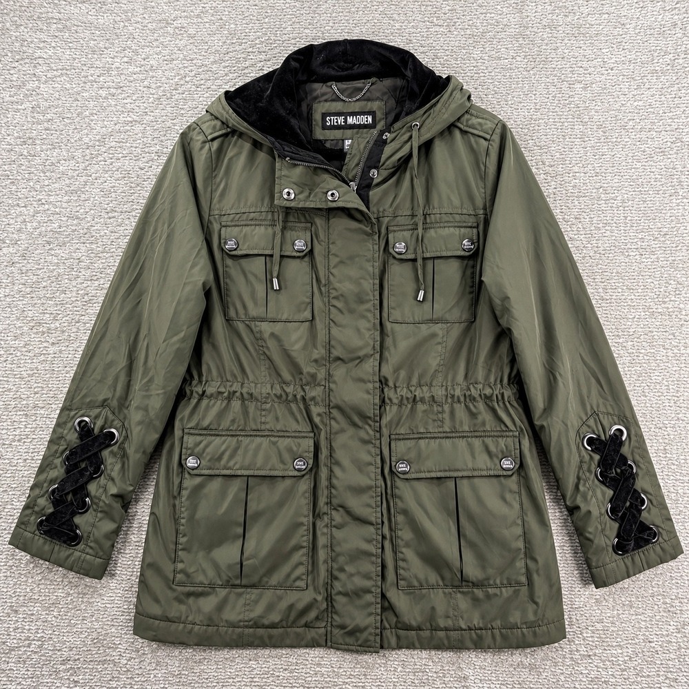 Steve Madden Anorak Jacket Lace Up Velvet Detail Medium Olive Green Utility Coat
